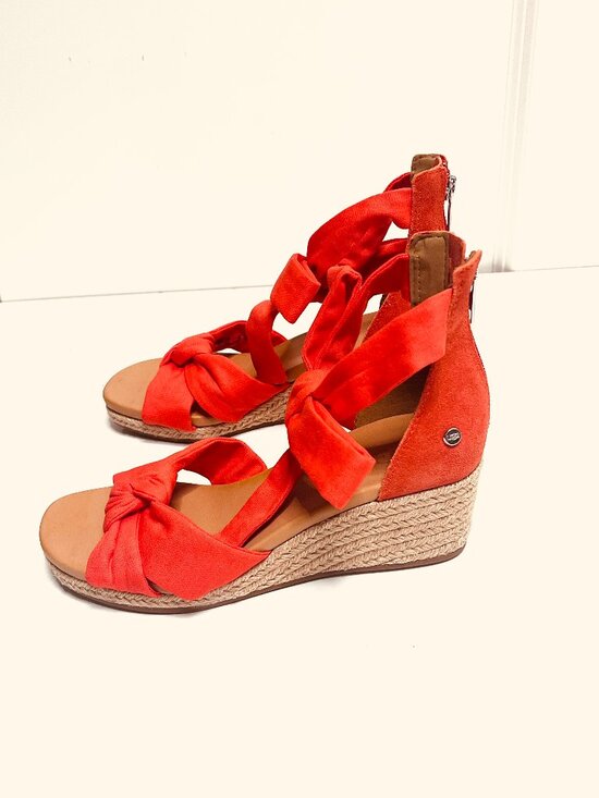 UGG Shoes - UGG Yarrow Suede Red Spadrille Wedge Sandals Ankle Tie Wrap Shoes Size US 6